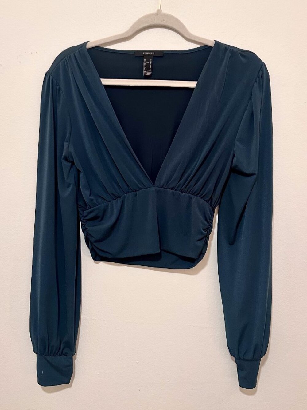 Teal Long Sleeve Plunge Crop Top - Size Medium